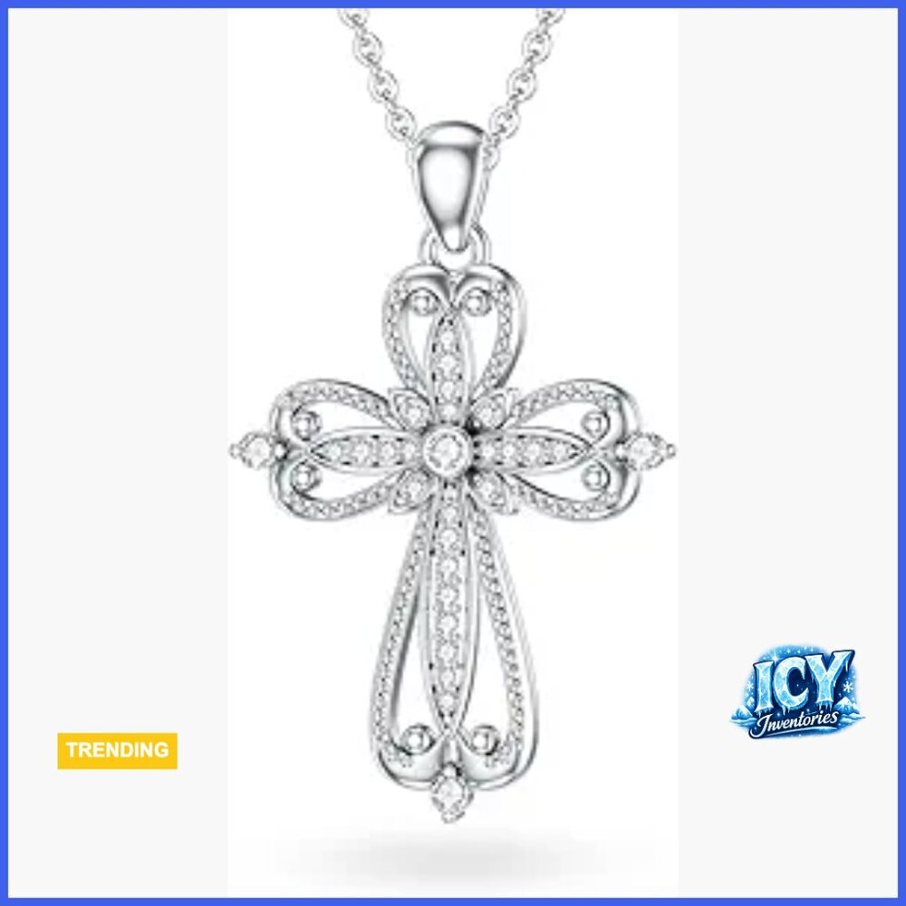 Vintage Cross Necklace 925 Sterling Silver 18K White Gold Plated